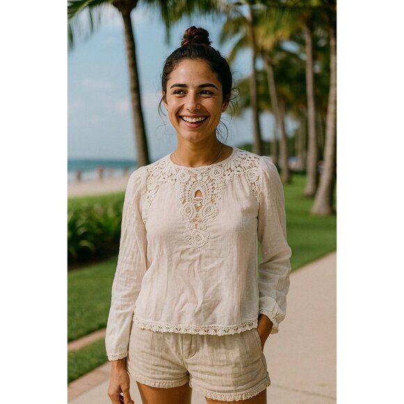 Zara Trafaluc Med Blouse Swiss Dot Boho Lace Button Light Shirt Long Sleeve Top - Picture 1 of 12